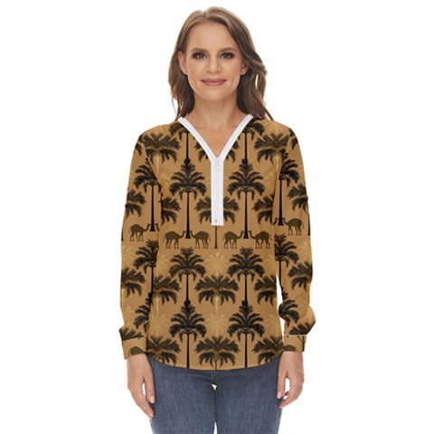 Camel Palm Tree Zip Up Long Sleeve Blouse by Vaneshop