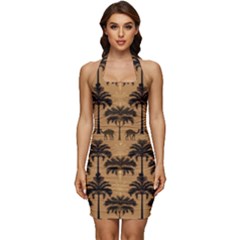 Camel Palm Tree Sleeveless Wide Square Neckline Ruched Bodycon Dress by Vaneshop