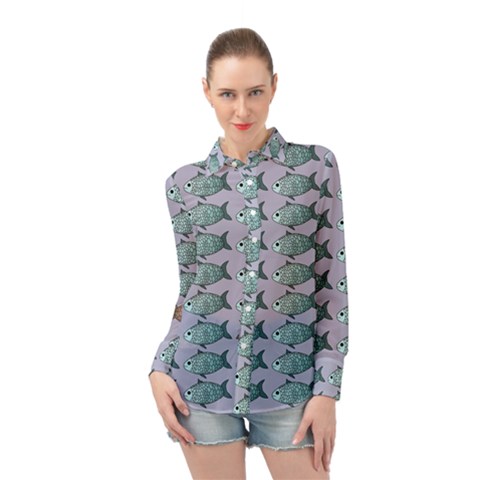 Fishes Pattern Background Theme Art Long Sleeve Chiffon Shirt by Vaneshop