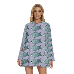 Fishes Pattern Background Theme Art Round Neck Long Sleeve Bohemian Style Chiffon Mini Dress by Vaneshop