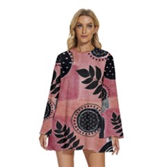 Abstract Pattern Floral Wall Art Round Neck Long Sleeve Bohemian Style Chiffon Mini Dress by Vaneshop