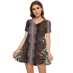 Leopard Animal Shawl Honeycomb Tiered Short Sleeve Babydoll Dress by Vaneshop