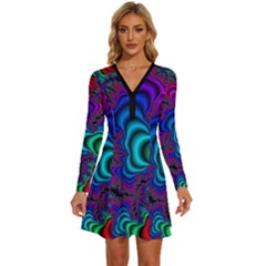 Abstract Piece Color Long Sleeve Deep V Mini Dress  by Vaneshop