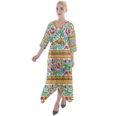 Flower Fabric Design Quarter Sleeve Wrap Front Maxi Dress by Vaneshop
