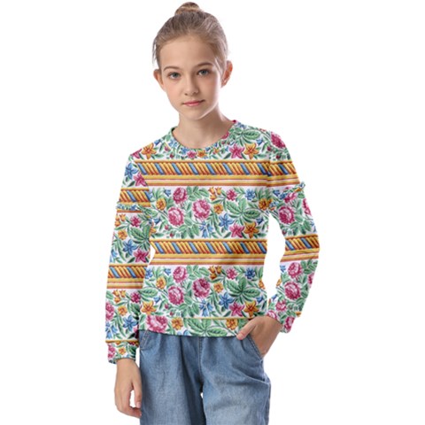 Flower Fabric Design Kids  Long Sleeve Tee With Frill  by Vaneshop