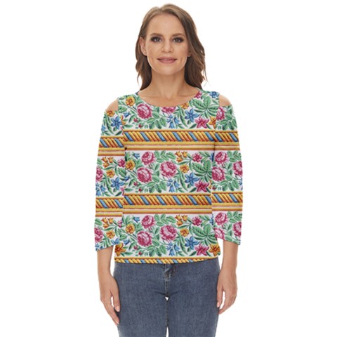 Flower Fabric Design Cut Out Wide Sleeve Top by Vaneshop