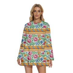 Flower Fabric Design Round Neck Long Sleeve Bohemian Style Chiffon Mini Dress by Vaneshop