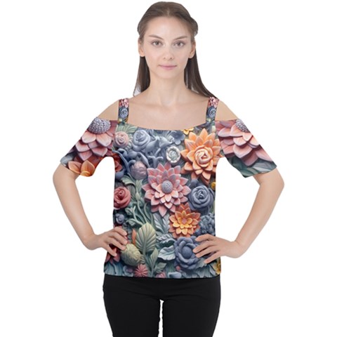 3d Flower Bloom Embossed Pattern Cutout Shoulder Tee by Vaneshop