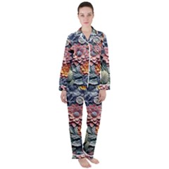 3d Flower Bloom Embossed Pattern Women s Long Sleeve Satin Pajamas Set	 by Vaneshop