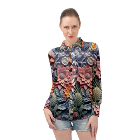 3d Flower Bloom Embossed Pattern Long Sleeve Chiffon Shirt by Vaneshop