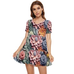 3d Flower Bloom Embossed Pattern Tiered Short Sleeve Babydoll Dress by Vaneshop