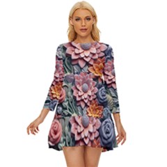 3d Flower Bloom Embossed Pattern Long Sleeve Babydoll Dress by Vaneshop