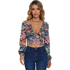 3d Flower Bloom Embossed Pattern Long Sleeve Deep-v Velour Top by Vaneshop