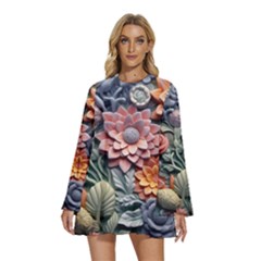 3d Flower Bloom Embossed Pattern Round Neck Long Sleeve Bohemian Style Chiffon Mini Dress by Vaneshop