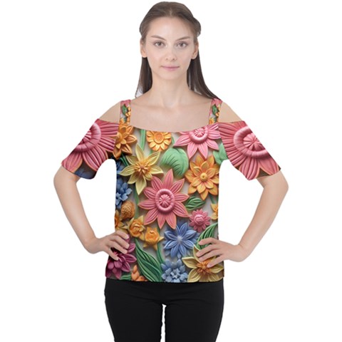 Flower Bloom Embossed Pattern Cutout Shoulder Tee by Vaneshop