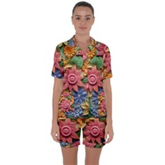 Flower Bloom Embossed Pattern Satin Short Sleeve Pajamas Set by Vaneshop