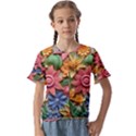 Flower Bloom Embossed Pattern Kids  Cuff Sleeve Scrunch Bottom Tee View1