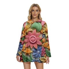 Flower Bloom Embossed Pattern Round Neck Long Sleeve Bohemian Style Chiffon Mini Dress by Vaneshop