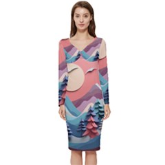 Paper Art Pastel Long Sleeve V-neck Bodycon Dress  by Vaneshop