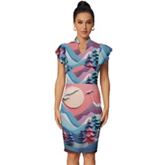 Paper Art Pastel Vintage Frill Sleeve V-neck Bodycon Dress by Vaneshop