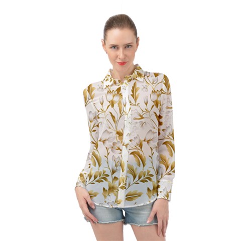 Flowers Gold Floral Long Sleeve Chiffon Shirt by Vaneshop