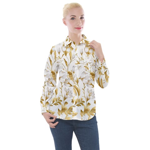 Flowers Gold Floral Women s Long Sleeve Pocket Shirt by Vaneshop