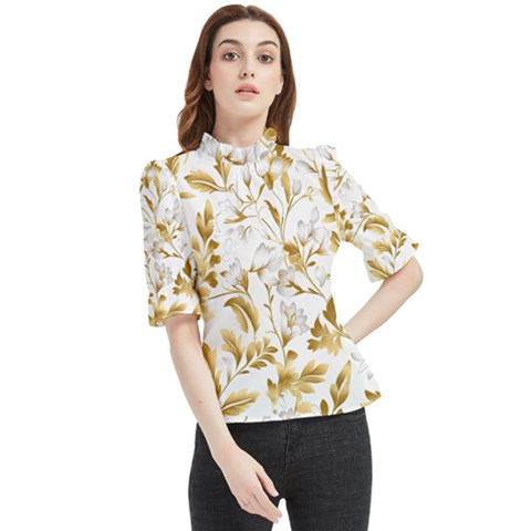 Flowers Gold Floral Frill Neck Blouse by Vaneshop