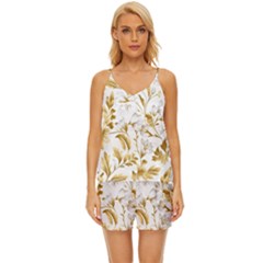 Flowers Gold Floral V-neck Satin Pajamas Set by Vaneshop