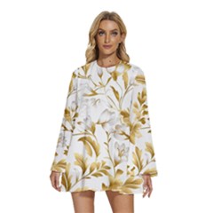 Flowers Gold Floral Round Neck Long Sleeve Bohemian Style Chiffon Mini Dress by Vaneshop