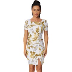 Flowers Gold Floral Fitted Knot Split End Bodycon Dress by Vaneshop