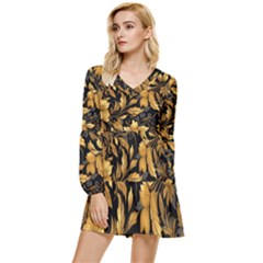 Flower Gold Floral Tiered Long Sleeve Mini Dress by Vaneshop