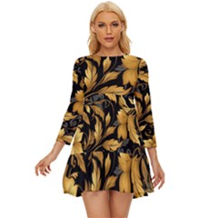 Flower Gold Floral Long Sleeve Babydoll Dress by Vaneshop