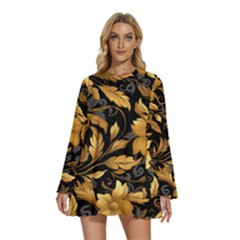 Flower Gold Floral Round Neck Long Sleeve Bohemian Style Chiffon Mini Dress by Vaneshop