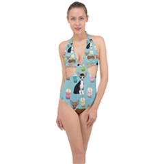 Chihuahua Bubble Kawaii Boba Tea Cute Dog Halter Front Plunge Swimsuit by Wav3s