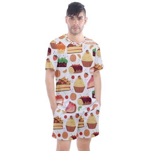 Seamless Pattern Hand Drawing Cartoon Dessert And Cake Men s Mesh Tee And Shorts Set by Wav3s