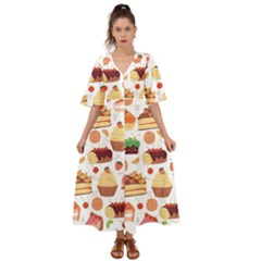 Seamless Pattern Hand Drawing Cartoon Dessert And Cake Kimono Sleeve Boho Dress by Wav3s