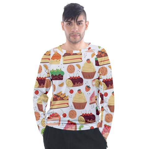 Seamless Pattern Hand Drawing Cartoon Dessert And Cake Men s Long Sleeve Raglan Tee by Wav3s