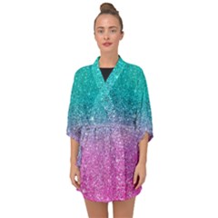 Pink And Turquoise Glitter Half Sleeve Chiffon Kimono by Wav3s