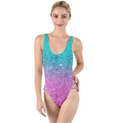 Pink And Turquoise Glitter High Leg Strappy Swimsuit by Wav3s