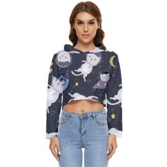 Space Cat Illustration Pattern Astronaut Women s Lightweight Cropped Hoodie by Wav3s