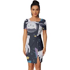 Space Cat Illustration Pattern Astronaut Fitted Knot Split End Bodycon Dress by Wav3s