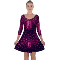 Peacock Pink Black Feather Abstract Quarter Sleeve Skater Dress by Wav3s