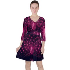 Peacock Pink Black Feather Abstract Quarter Sleeve Ruffle Waist Dress by Wav3s