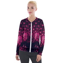 Peacock Pink Black Feather Abstract Velvet Zip Up Jacket by Wav3s