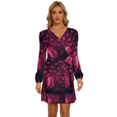 Peacock Pink Black Feather Abstract Long Sleeve Waist Tie Ruffle Velvet Dress by Wav3s