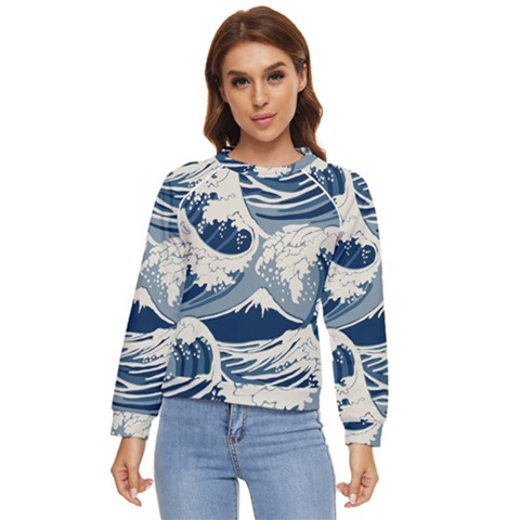 Japanese Wave Pattern Women s Long Sleeve Raglan Tee by Wav3s