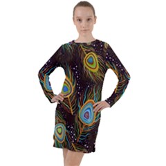 Pattern Feather Peacock Long Sleeve Hoodie Dress by Wav3s