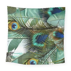 Peacock Feathers Blue Green Texture Square Tapestry (large) by Wav3s