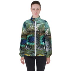 Peacock Feathers Blue Green Texture Women s High Neck Windbreaker by Wav3s