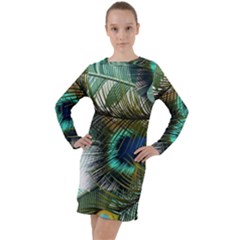 Peacock Feathers Blue Green Texture Long Sleeve Hoodie Dress by Wav3s